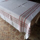 Nappe ancienne 1920/1930 lin beige losanges et rayures rouges et vertes + serviettes