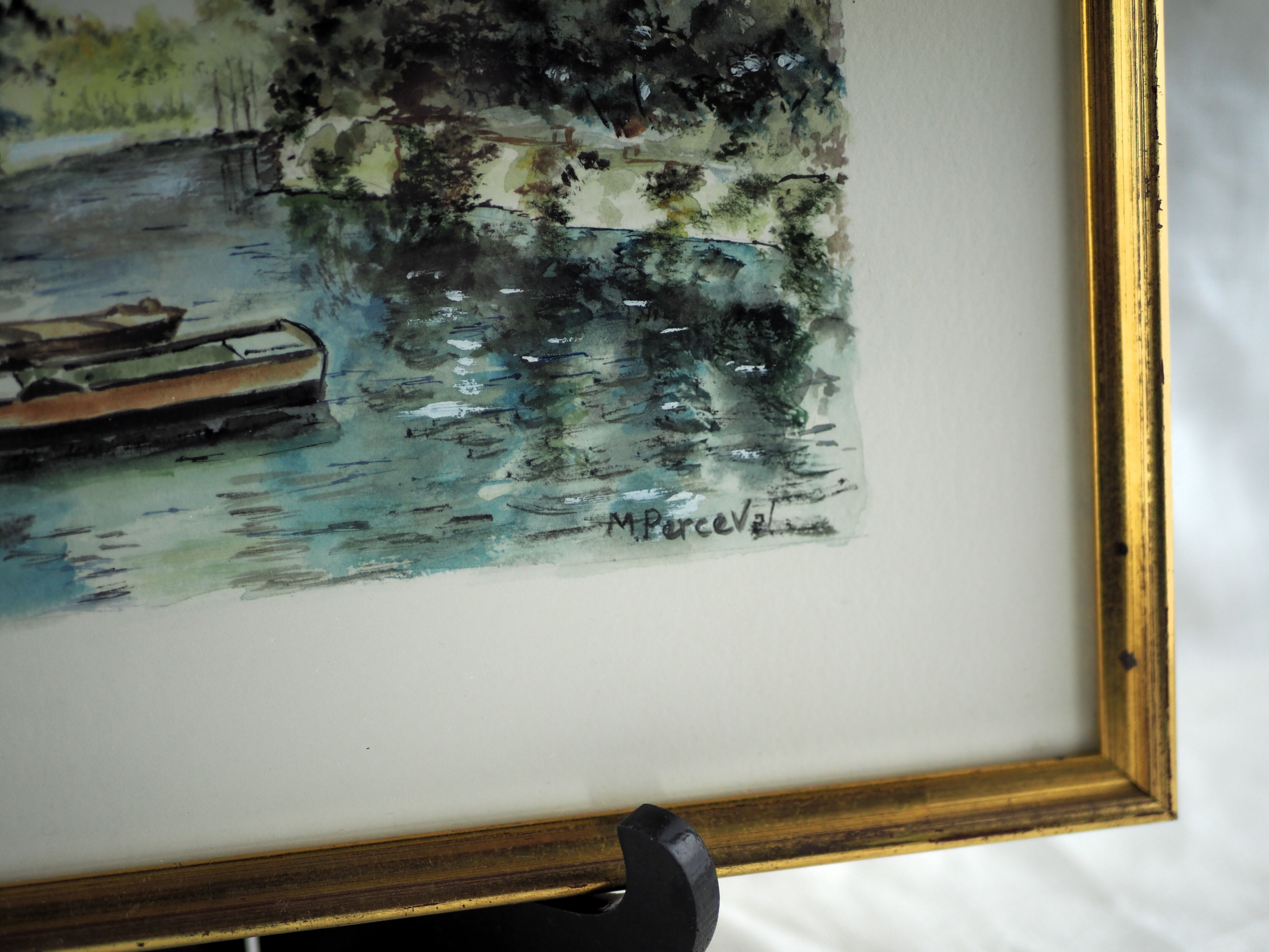 River and its two boats overlooked by a falling willow - Monique Perceval