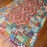 Oriental kilim rug afghan colored red green multicolored