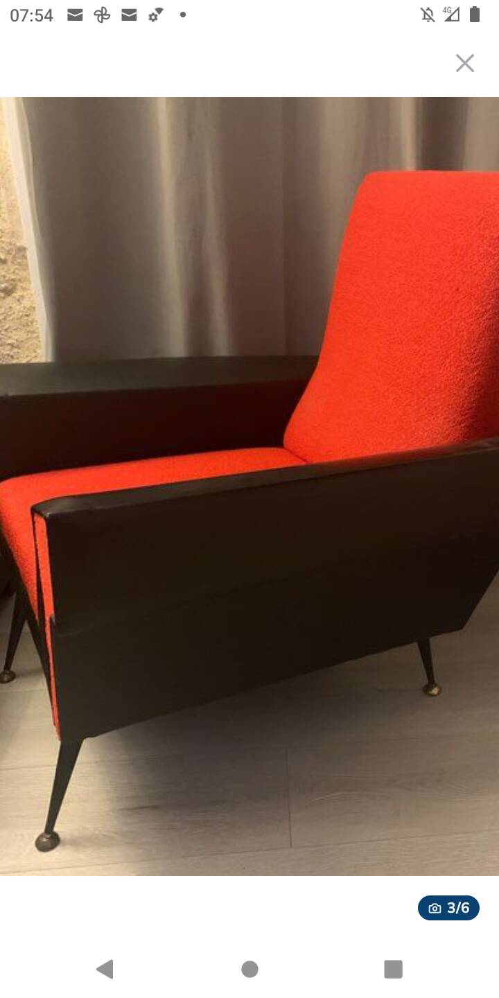 Brussels style armchair from the 50s/70s in faux leather and wool.