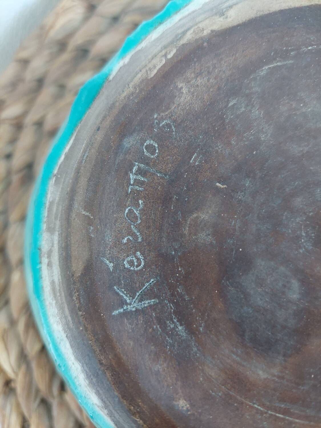 Art deco bowl signed Keramos in turquoise cracked ceramic