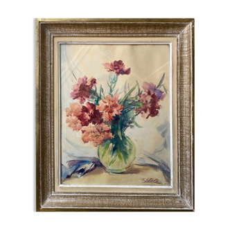 Watercolor painting "Bouquet of flowers" signed Lehuchée