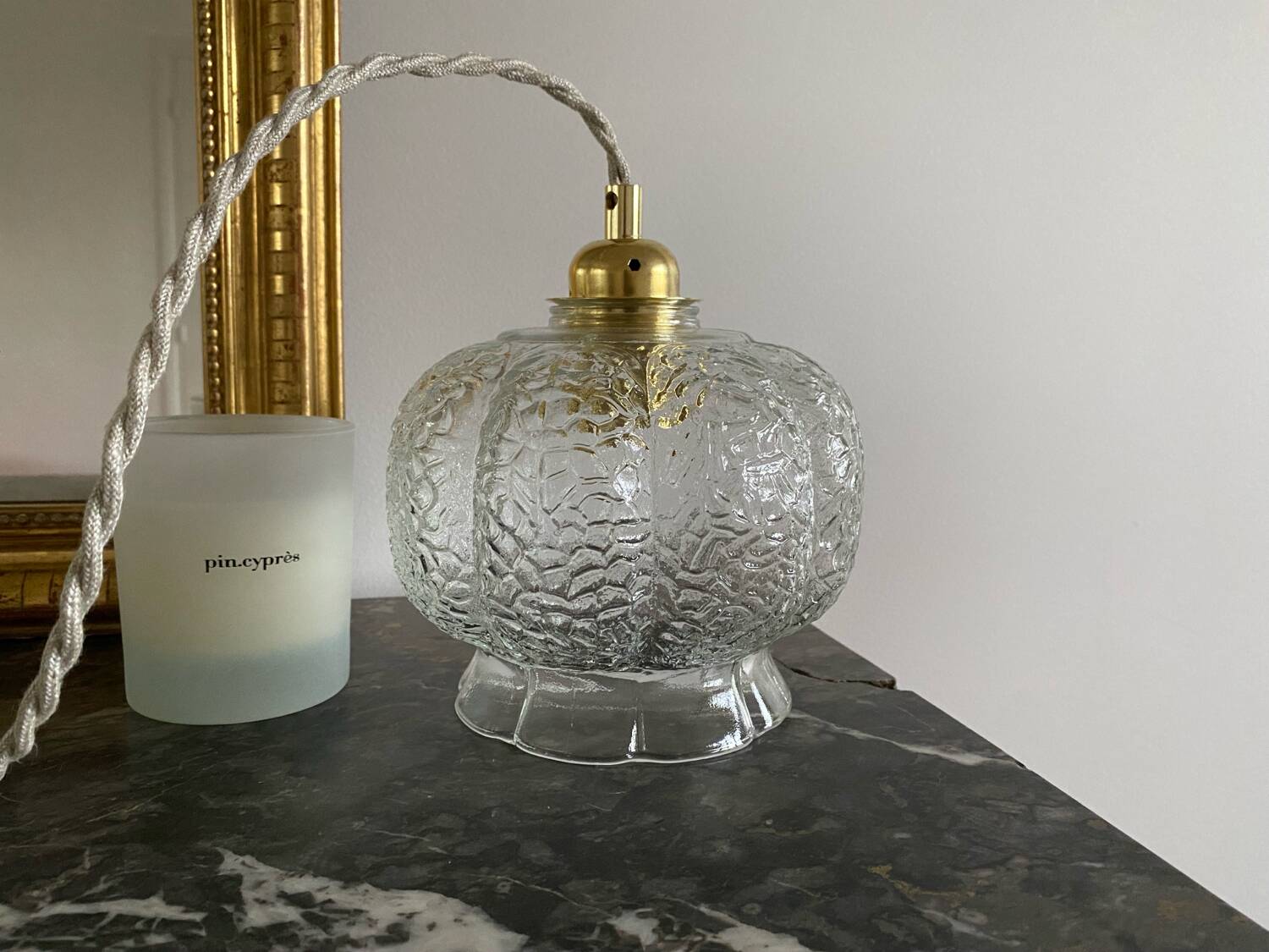Suspension avec globe vintage en verre transparent