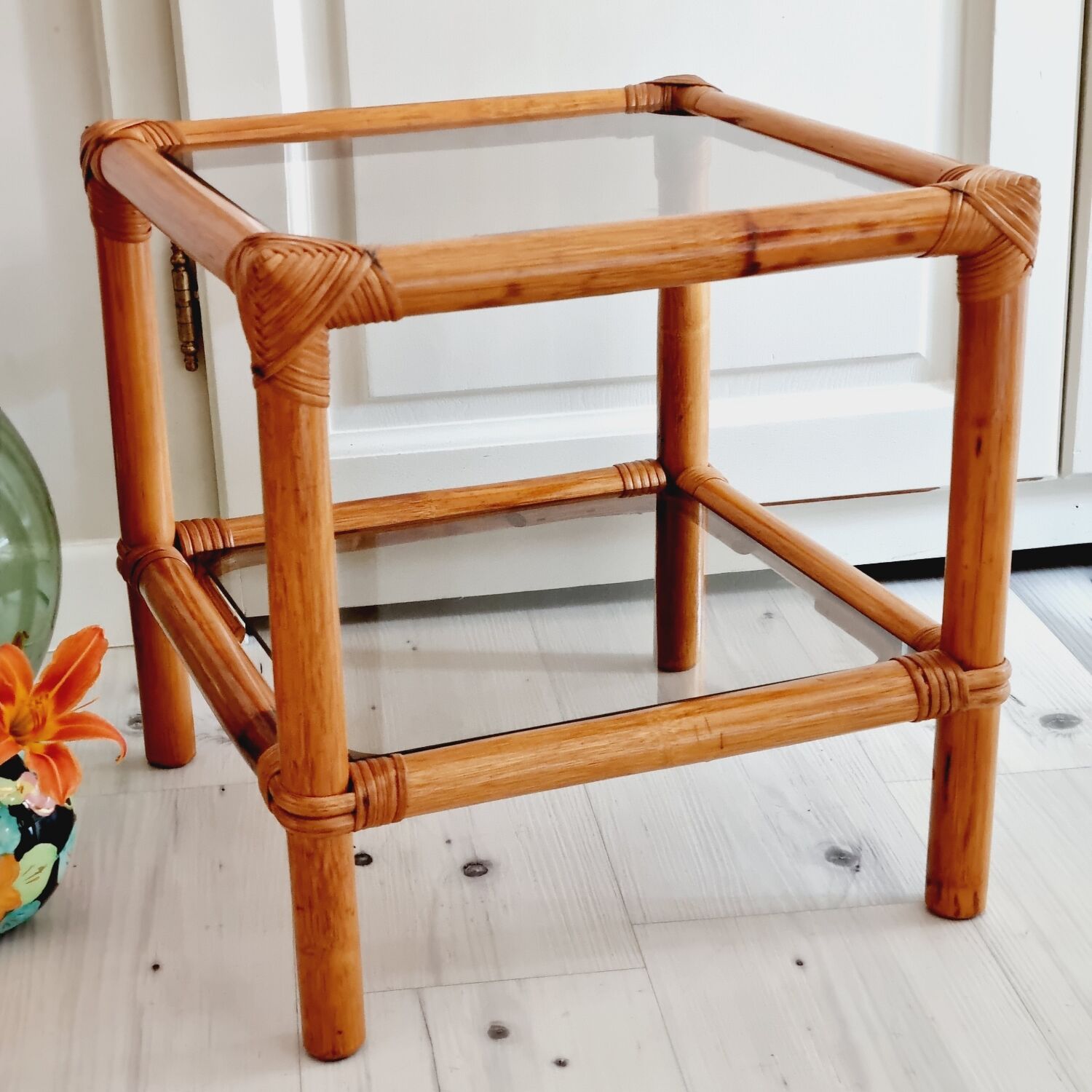 Rattan and smoked glass table