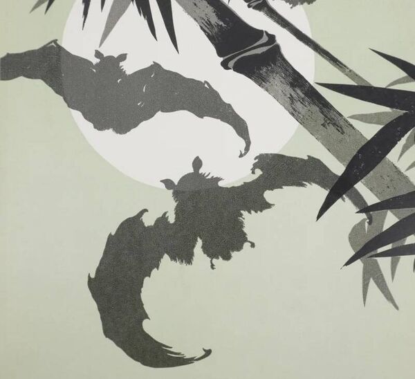 Estampe japonaise, Les chauves-souris (vert et blanc), gravure sur bois signée, Mokuchu Urushibara