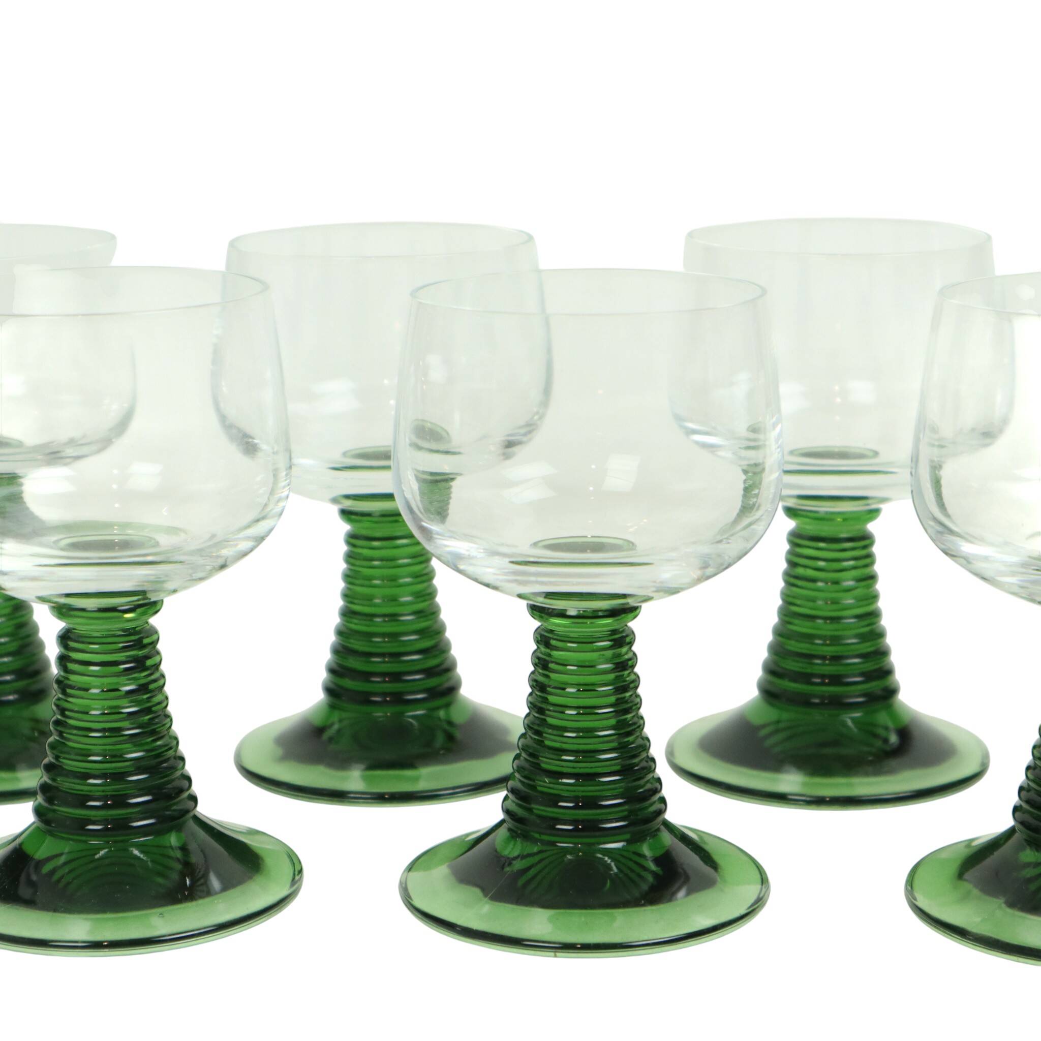 Set of 10 Vintage Roemer Wine Glasses Green Ribbed Foot
