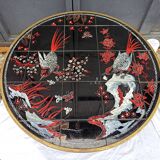 Round coffee table with Japanese bird and flower decor