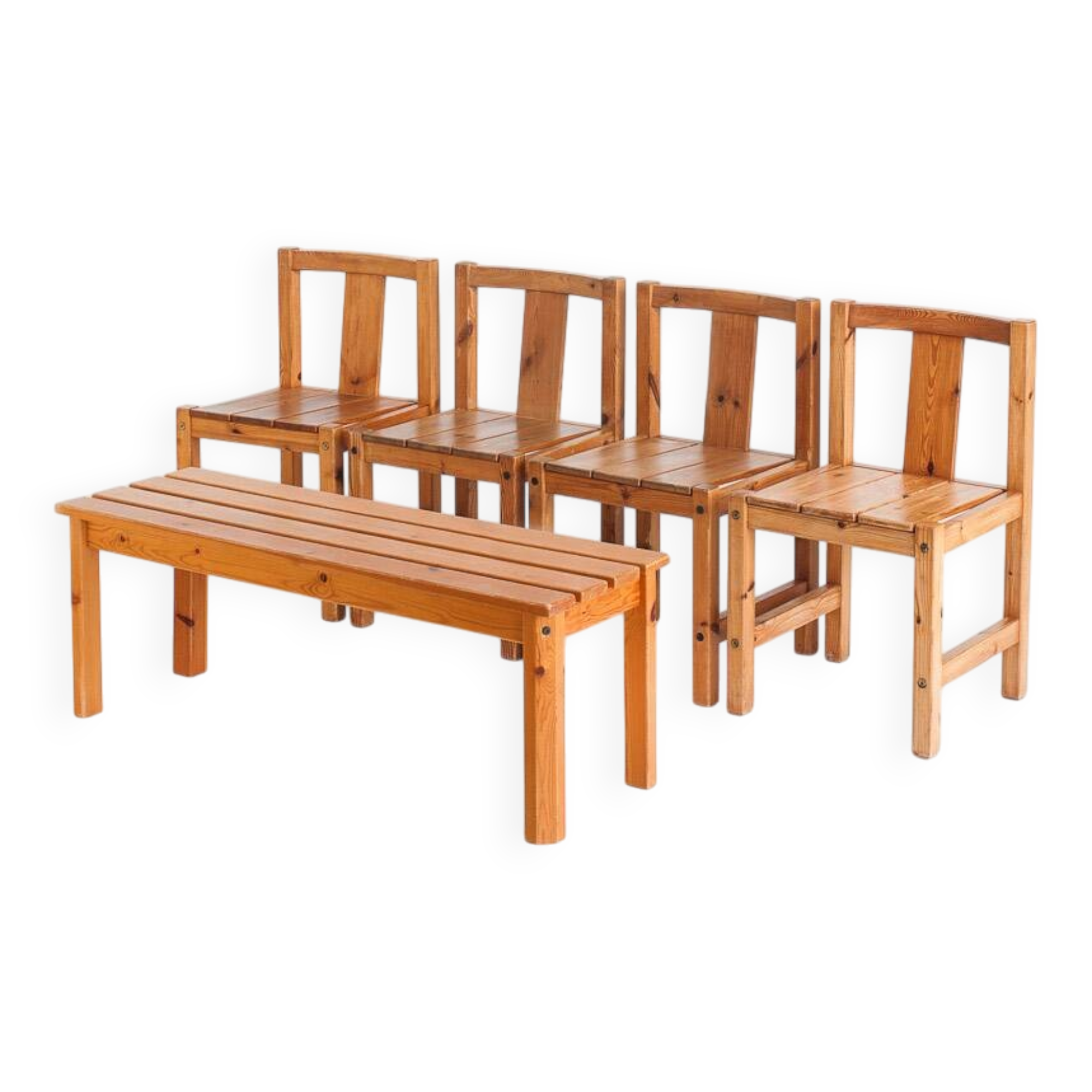 Set of four Scandinavian style chairs + bench. Pine wood. Produced by Sotka. Finland 70s
