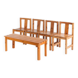 Set of four Scandinavian style chairs + bench. Pine wood. Produced by Sotka. Finland 70s