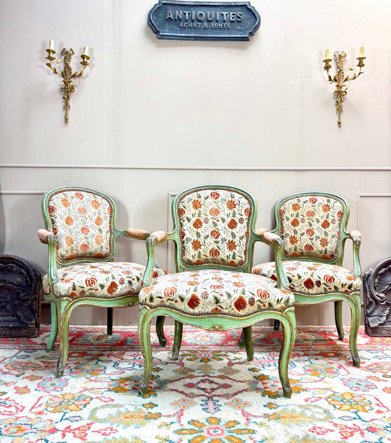 Set of Three Louis XV Style Lacquered Wood Armchairs, 19th Century