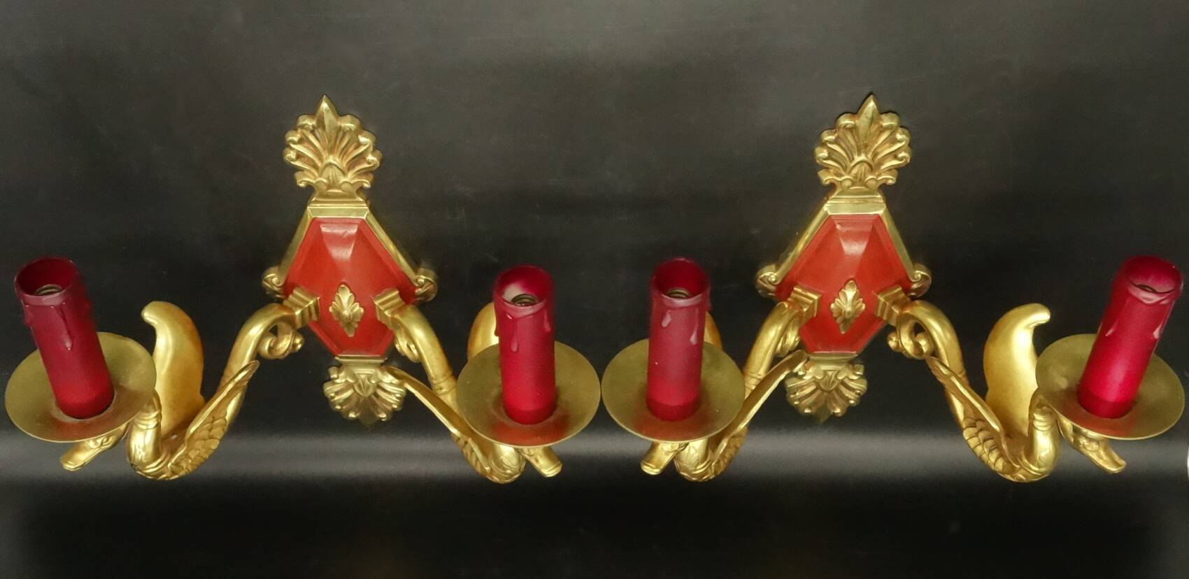 Pair of Empire style swan wall lights from Petitot - bronze & burgundy patina