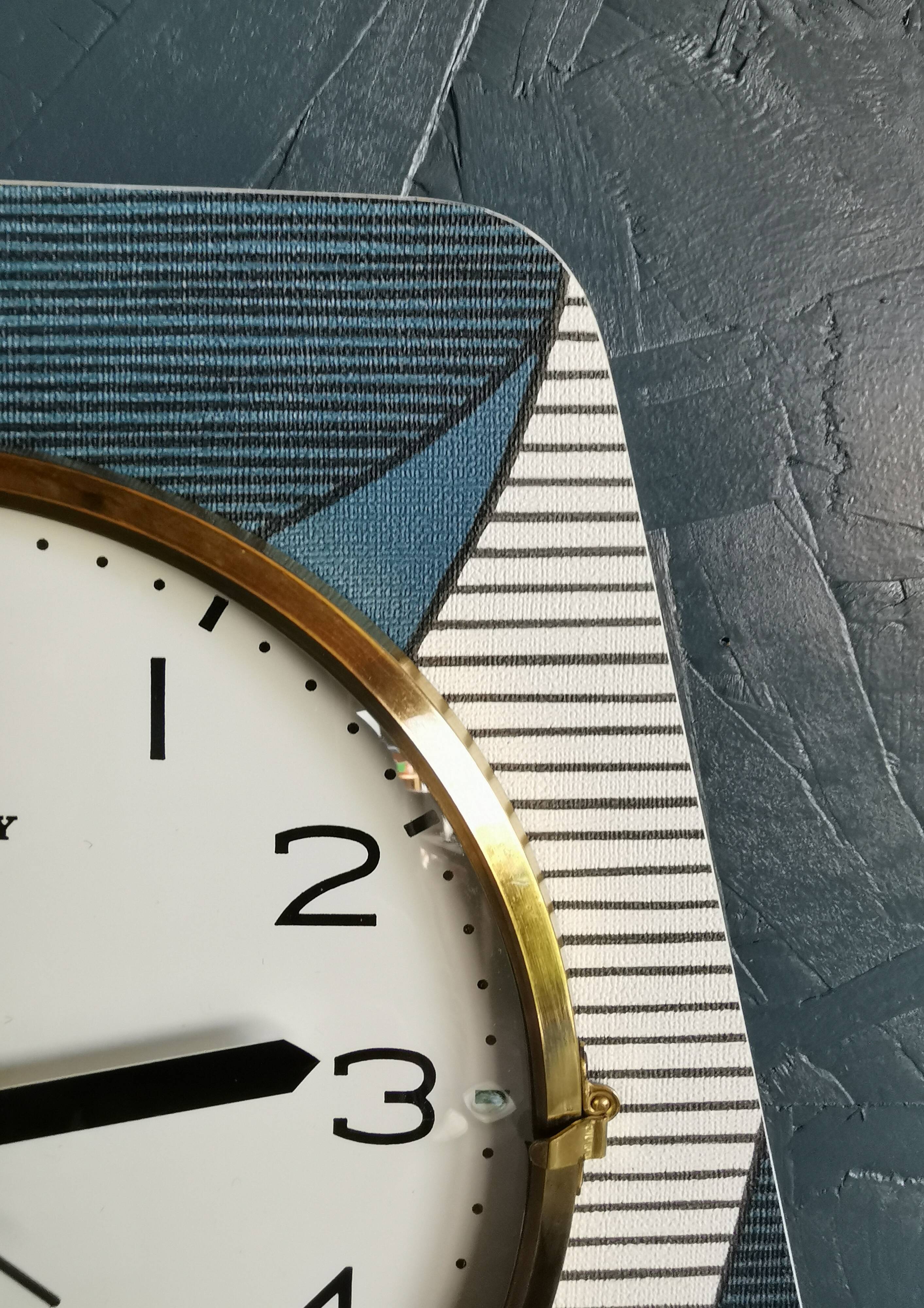 Vintage clock silent trapezoid wall clock "Trophy blue white ochre"