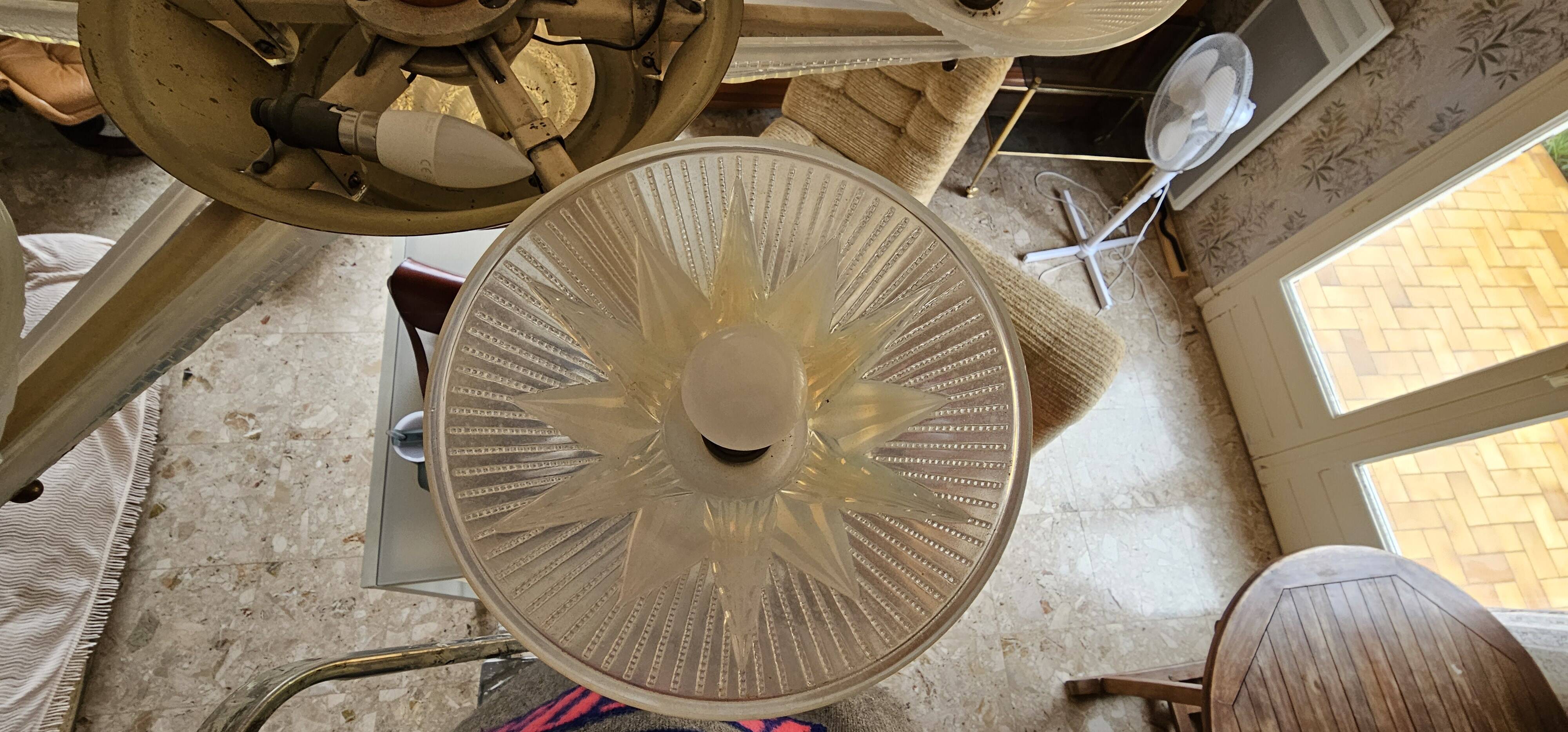 Art Deco chandelier by H.Petitot and Jean Gauthier in copper-plated metal and opal glass