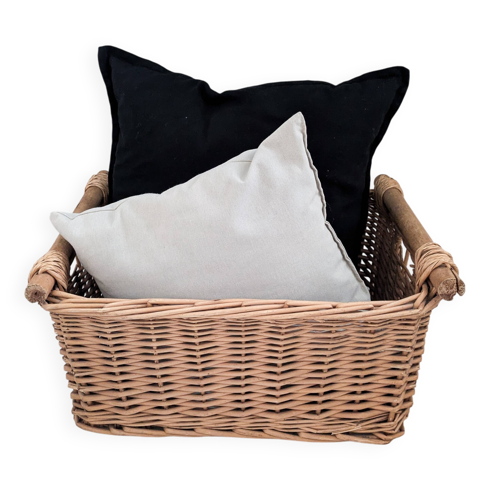 Panier Vintage Anse Rangement Mid Century Panier en osier tressé marron Travail manuel Hygge Skandi