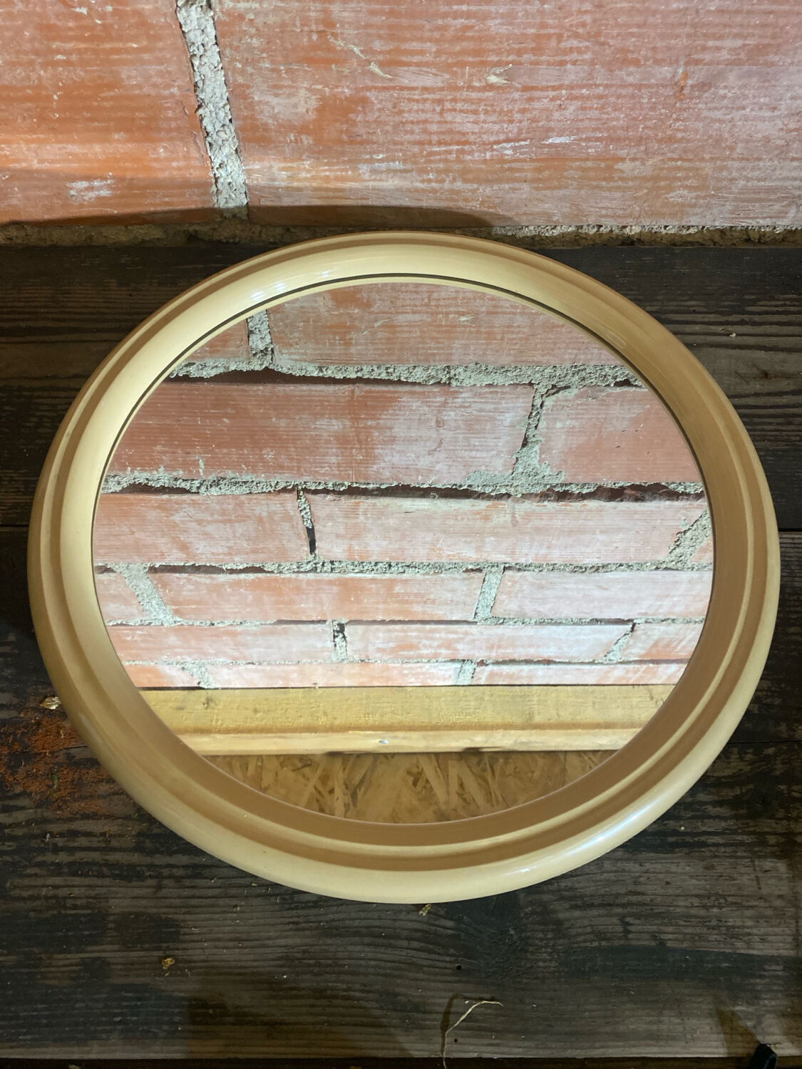 Vintage 80s Round TIGER Design Mirror, Beige Plastic #C893