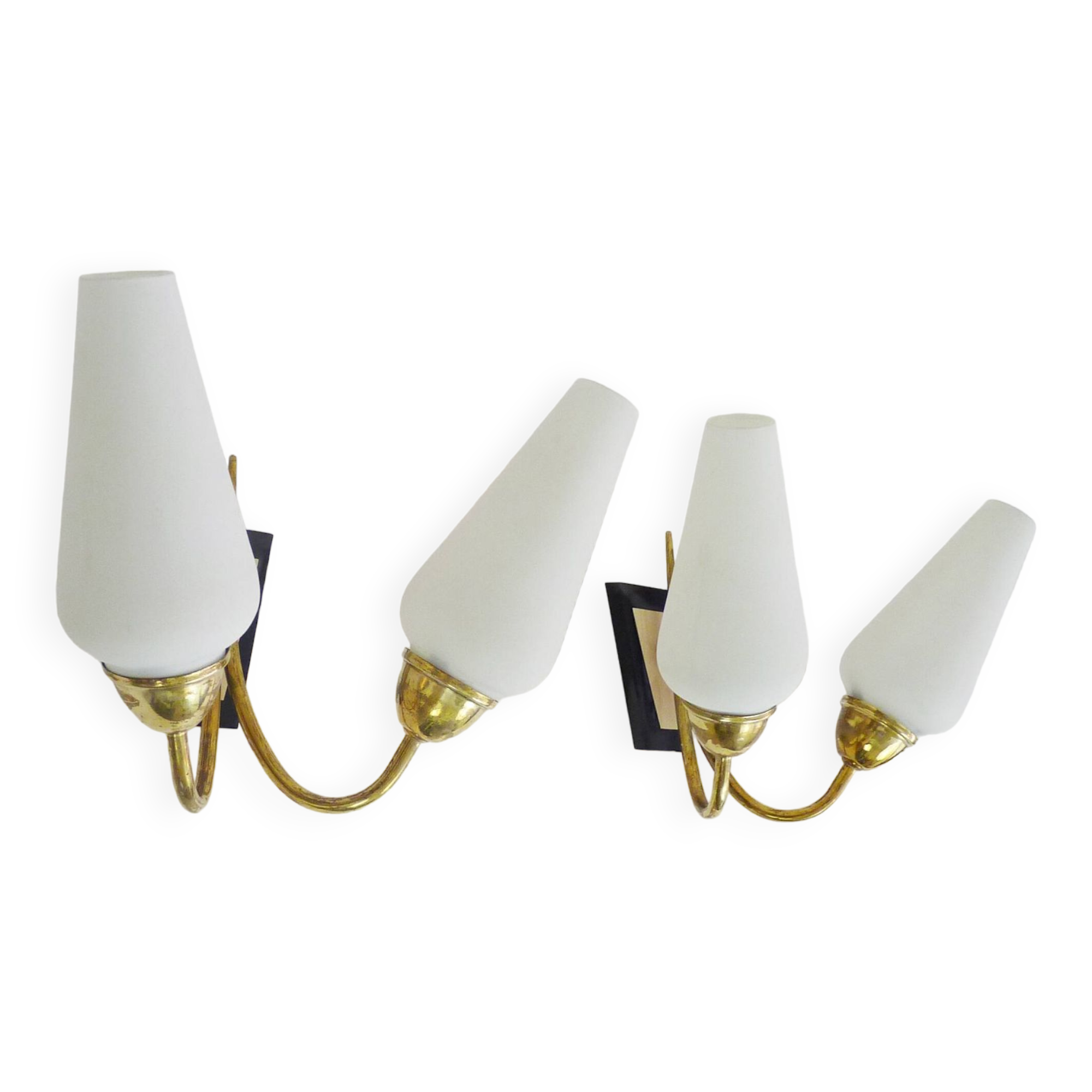 Pair of brass wall lights with double white tube lights. 70s
