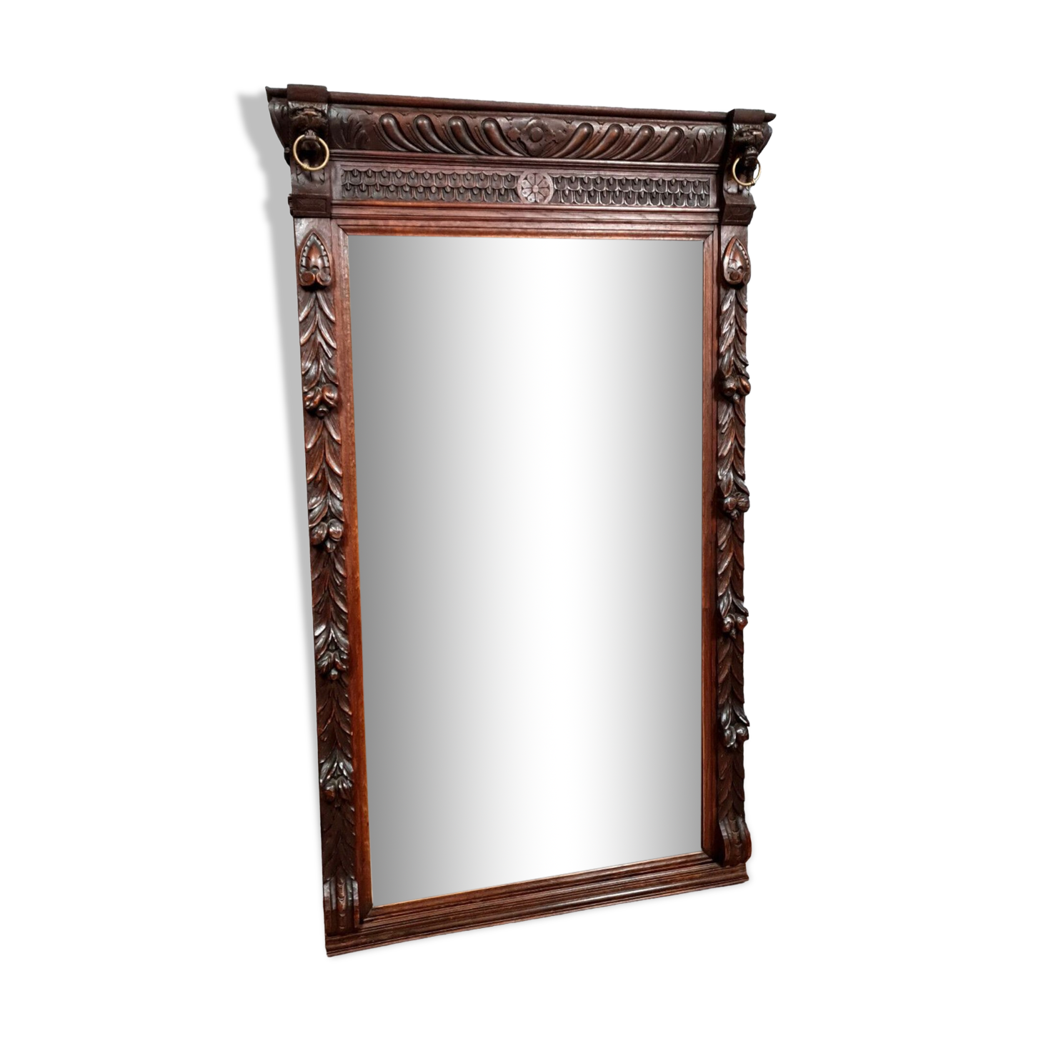Renaissance mirror in solid oak with brown patina circa 1850, 165x97 cm