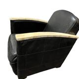 Pair of leather armchairs with marquetry armrests