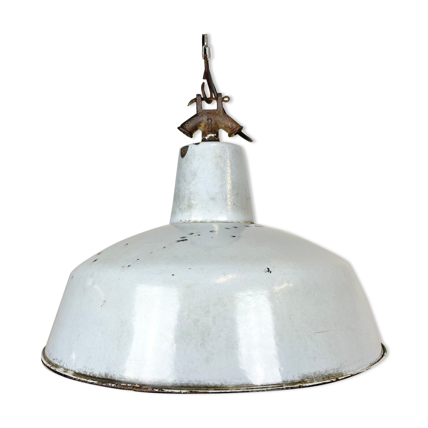 Industrial light grey enamel factory lamp with cast iron top, 1950s