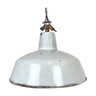 Industrial light grey enamel factory lamp with cast iron top, 1950s
