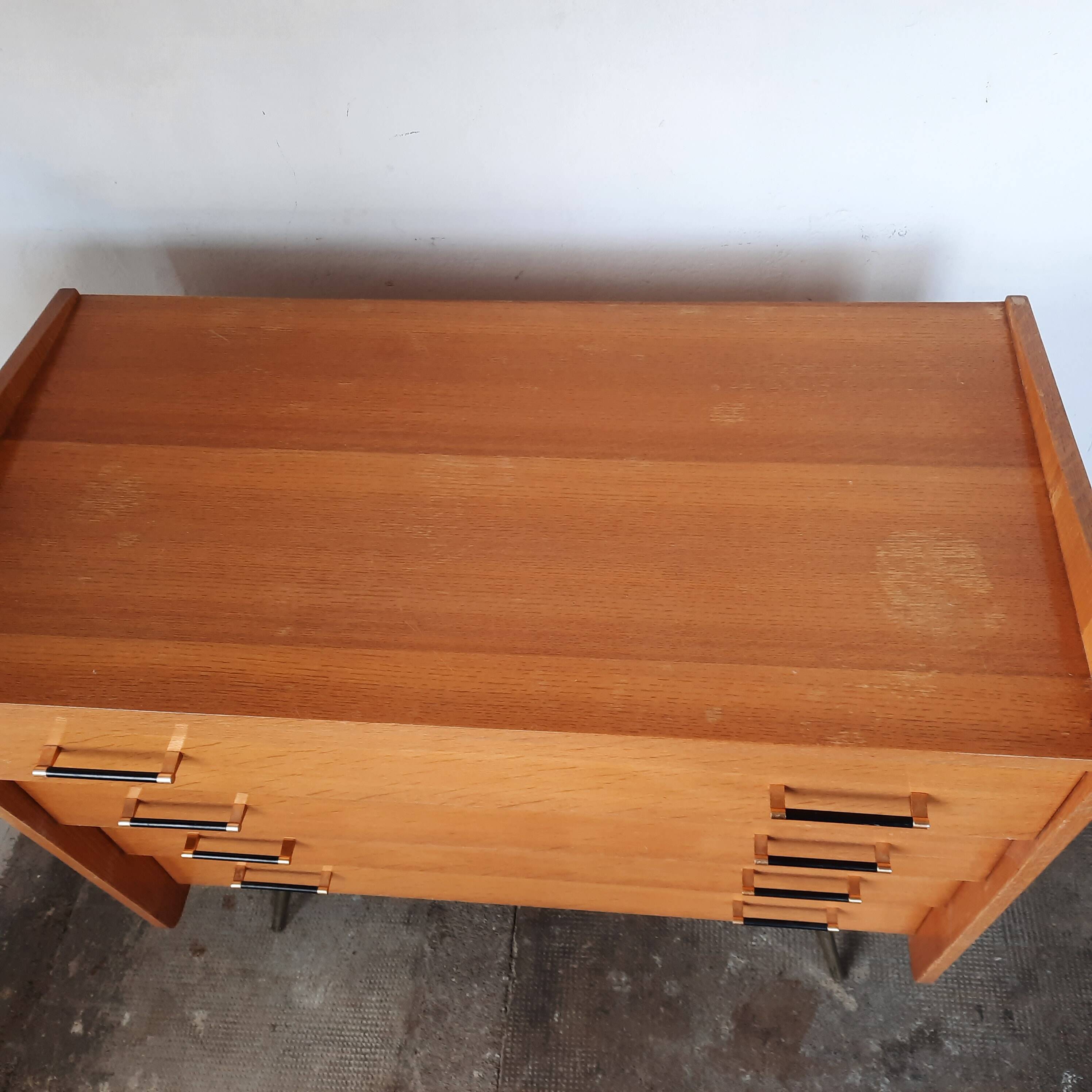 Vintage light oak chest of drawers, brass base