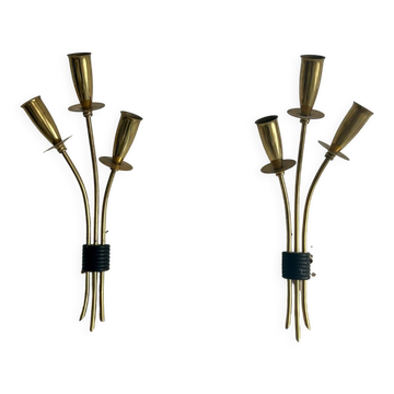 Pair of vintage wall lamps, solid brass, France 1950