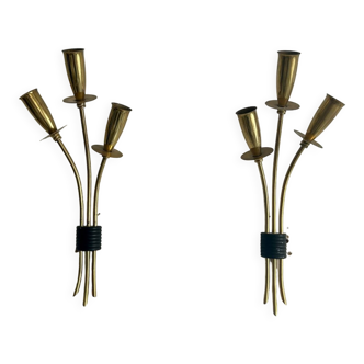 Pair of vintage wall lamps, solid brass, France 1950
