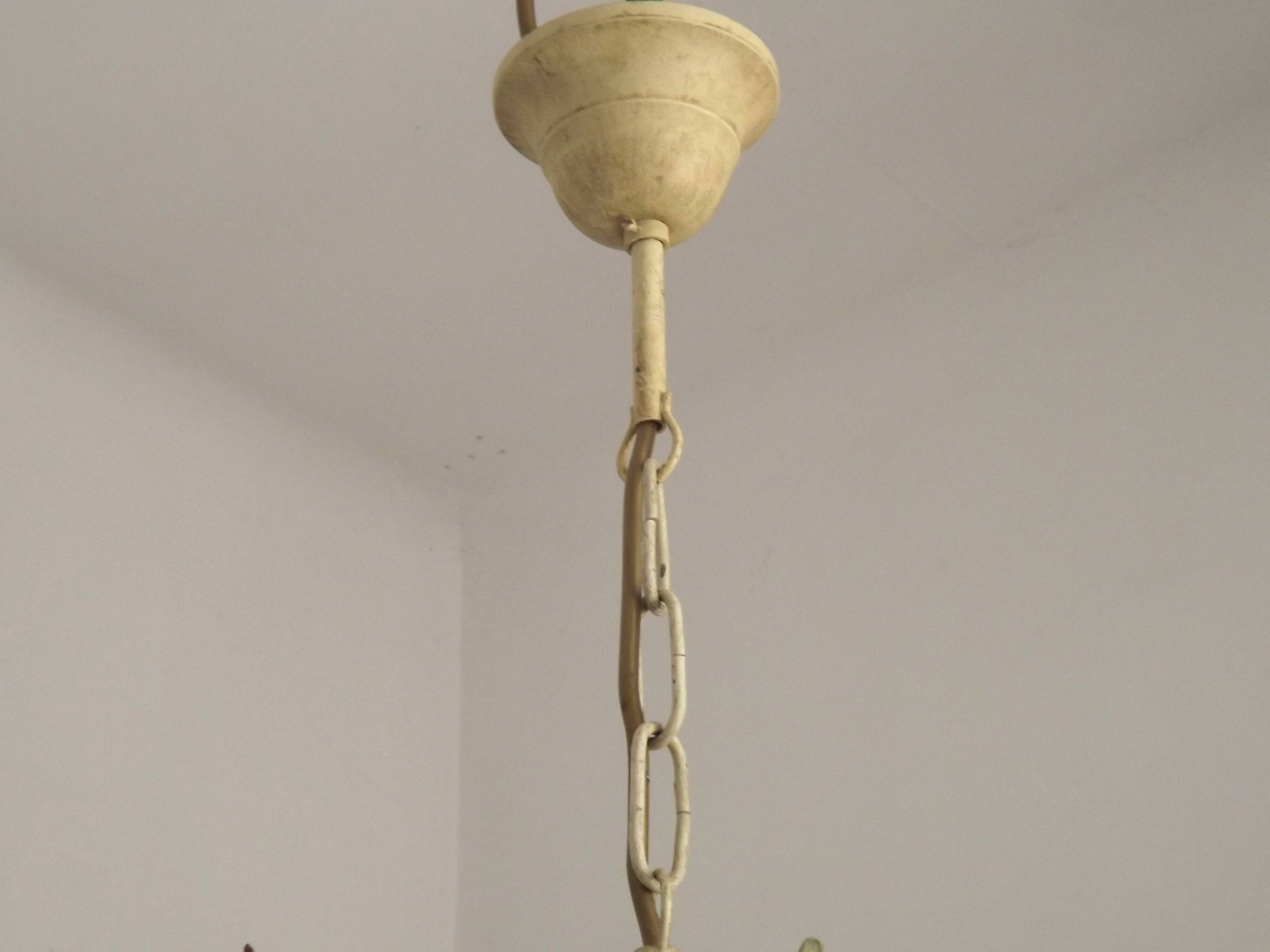 Italian vintage metal chandelier with 8 lights, Mathias bouquet, pink flowers.