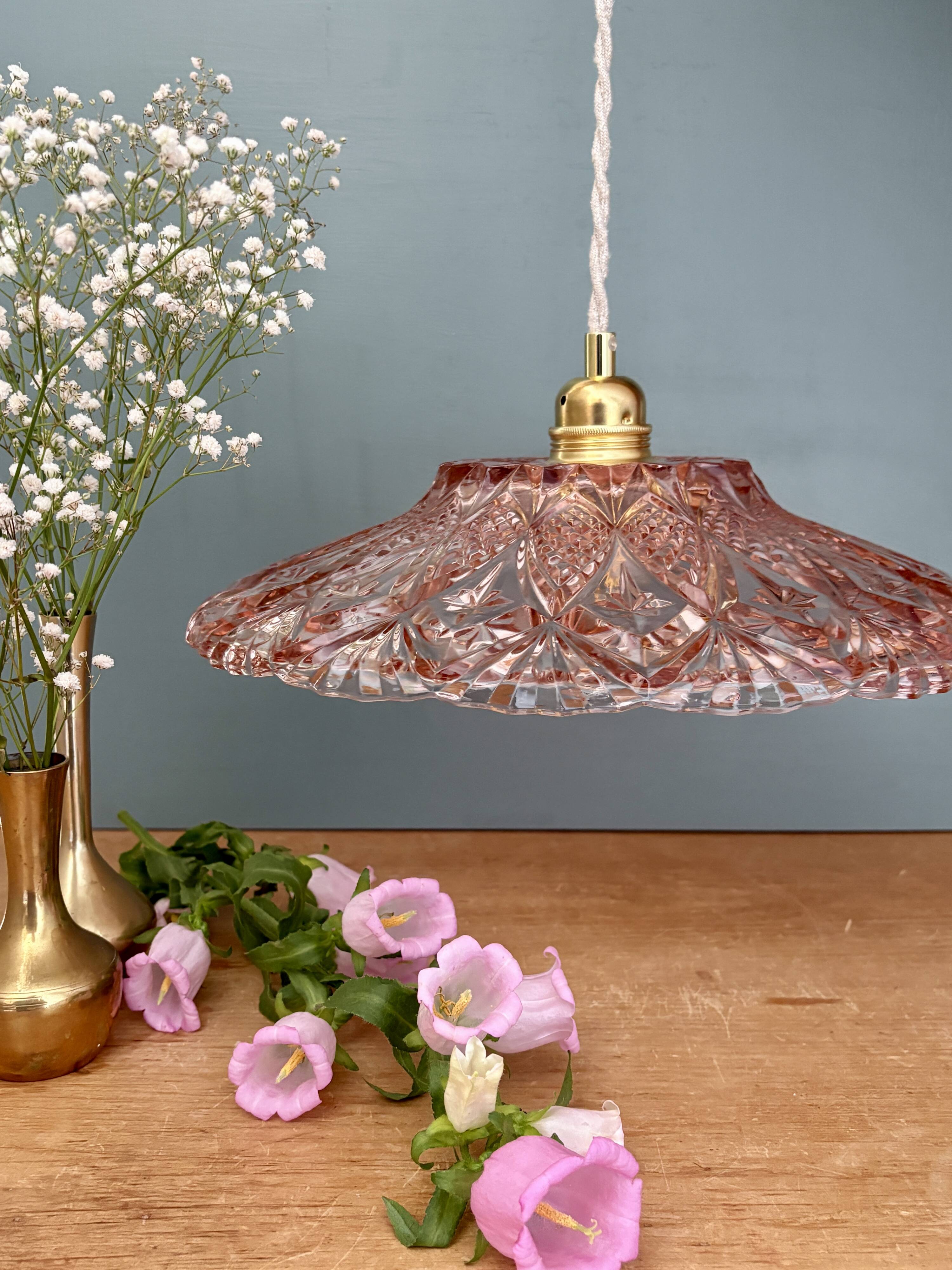 Vintage pink molded glass lampshade pendant light - tableware collection -