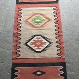 Mid-Century brown runner rug in flatweave kilim fabric, geometric patterns 127x59 cm