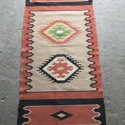 Mid-Century brown runner rug in flatweave kilim fabric, geometric patterns 127x59 cm