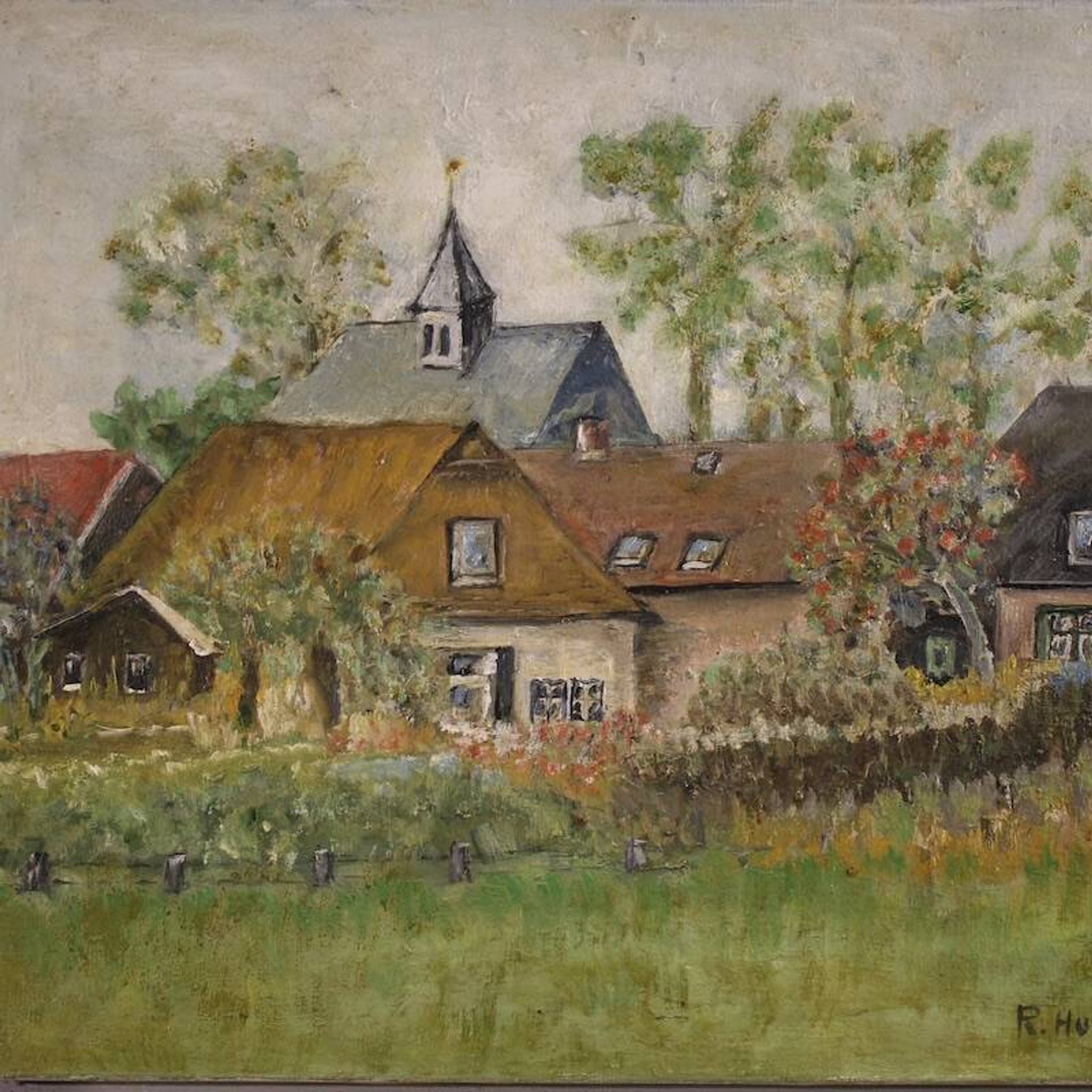 Peinture néerlandaise d'une vue de maisons dans le style impressionniste.