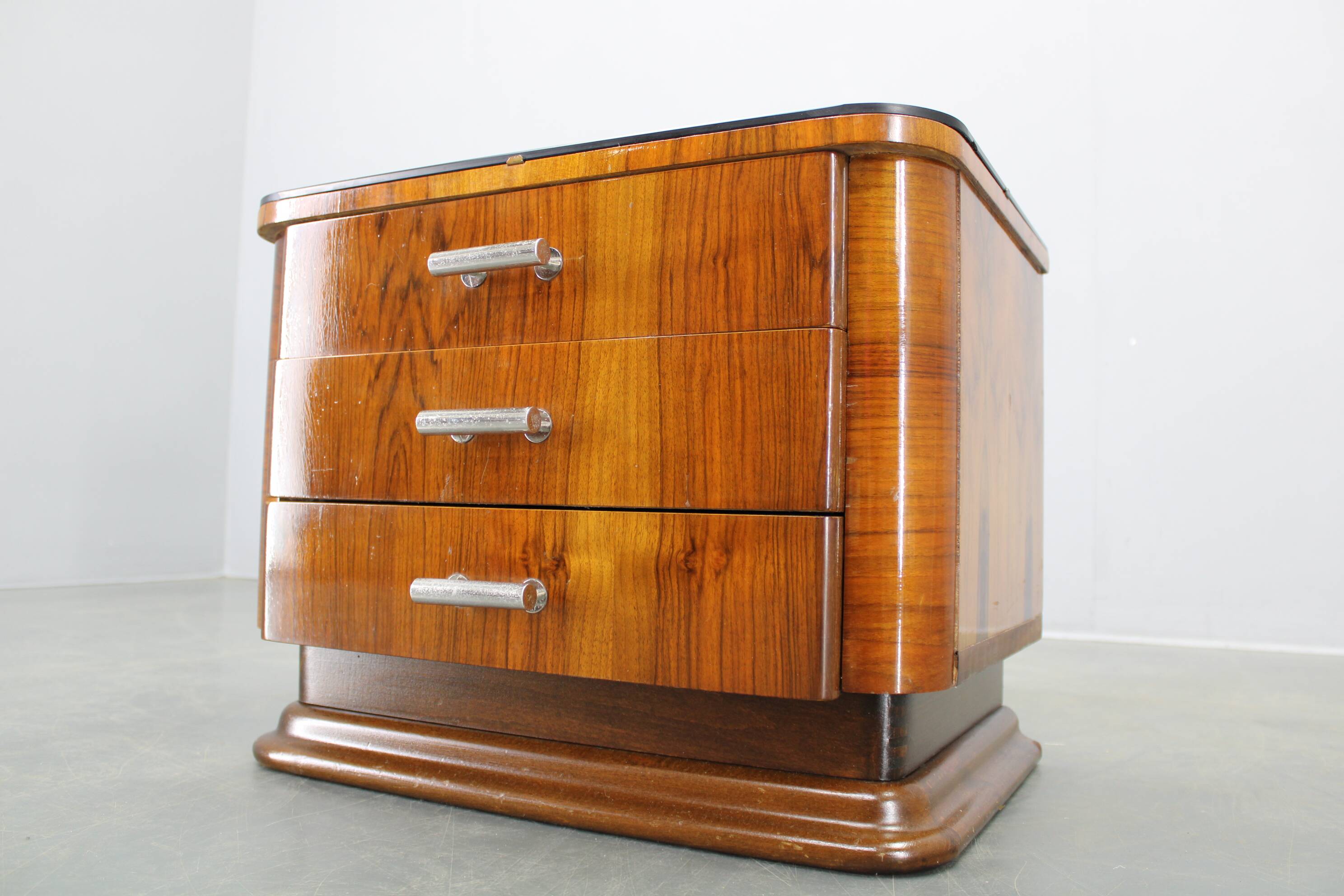 Art Deco walnut nightstand with black opaxite glass, Czechoslovakia 1930s