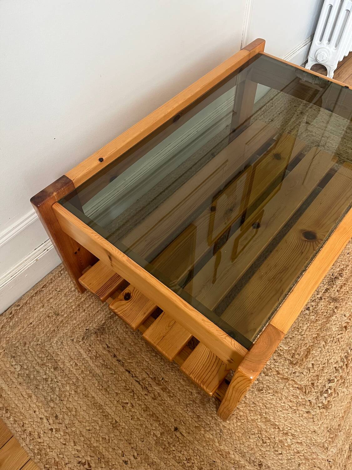 Pine and smoked glass coffee table, 70s-80s