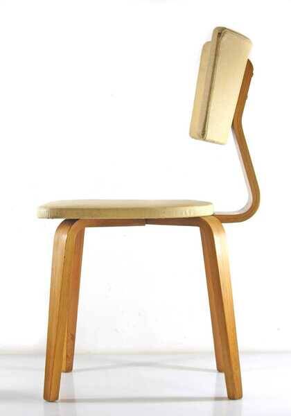 Vintage set of two Cor Alons chairs – bent plywood & blue and cream skai upholstery – 1950s Dutch design