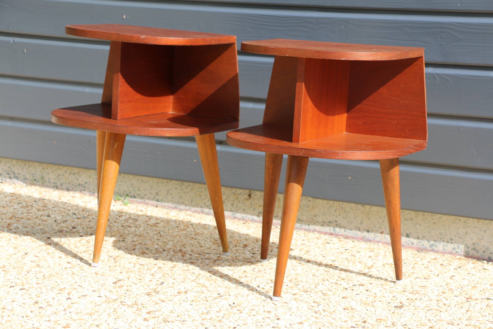 Pair of oak veneered tripod bedside tables 1950