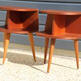 Pair of oak veneered tripod bedside tables 1950