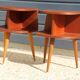 Pair of oak veneered tripod bedside tables 1950
