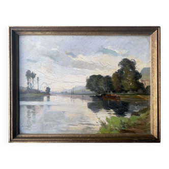 Tableau hsp "paysage de rivière avec péniches"signé markc daté de 1905