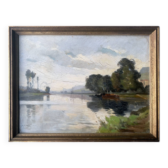 HSP painting "River landscape with barges" signed Markc dated 1905