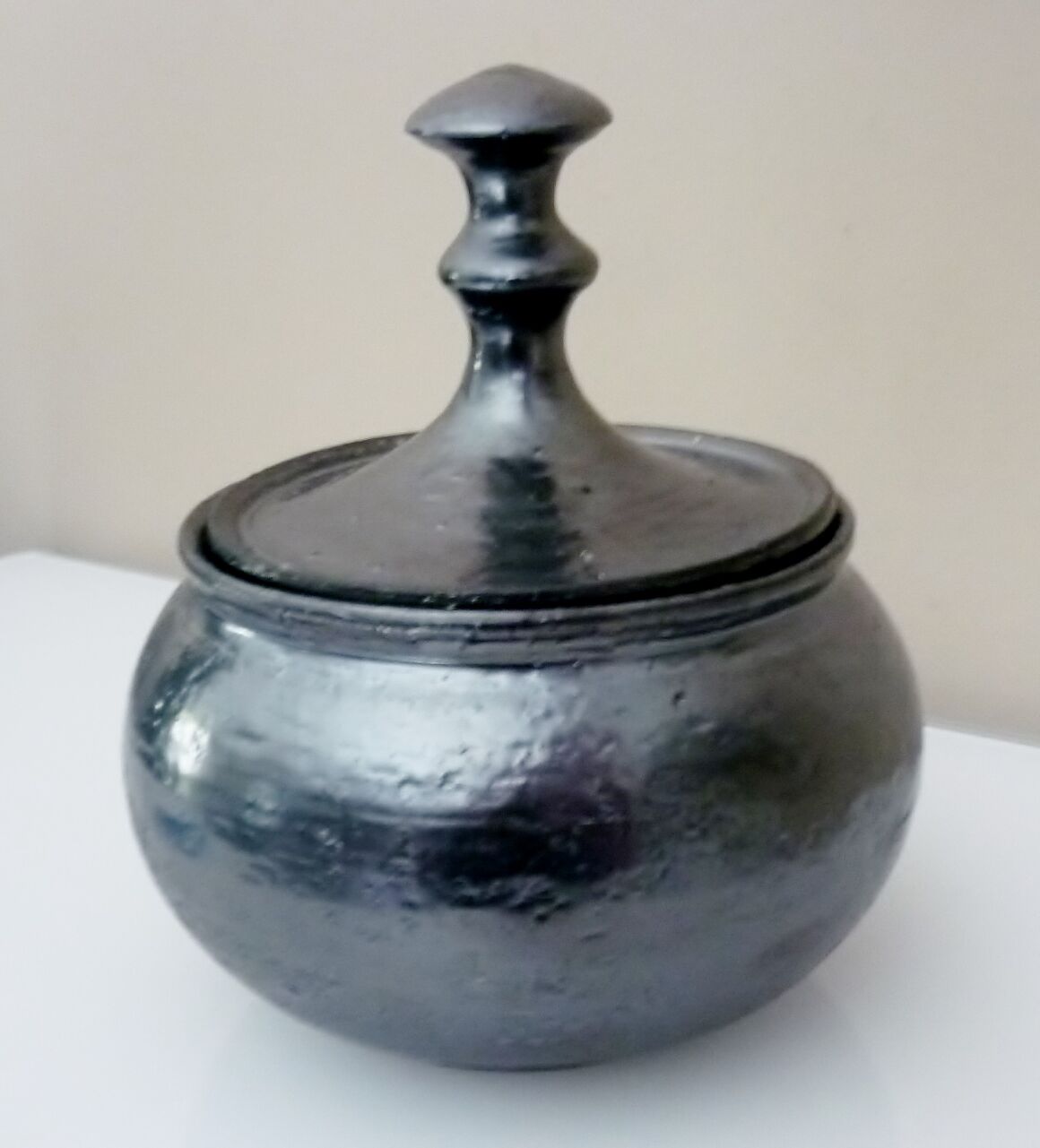 Black metal glazed ceramic bonbonnière, signed Jean Marais Vallauris