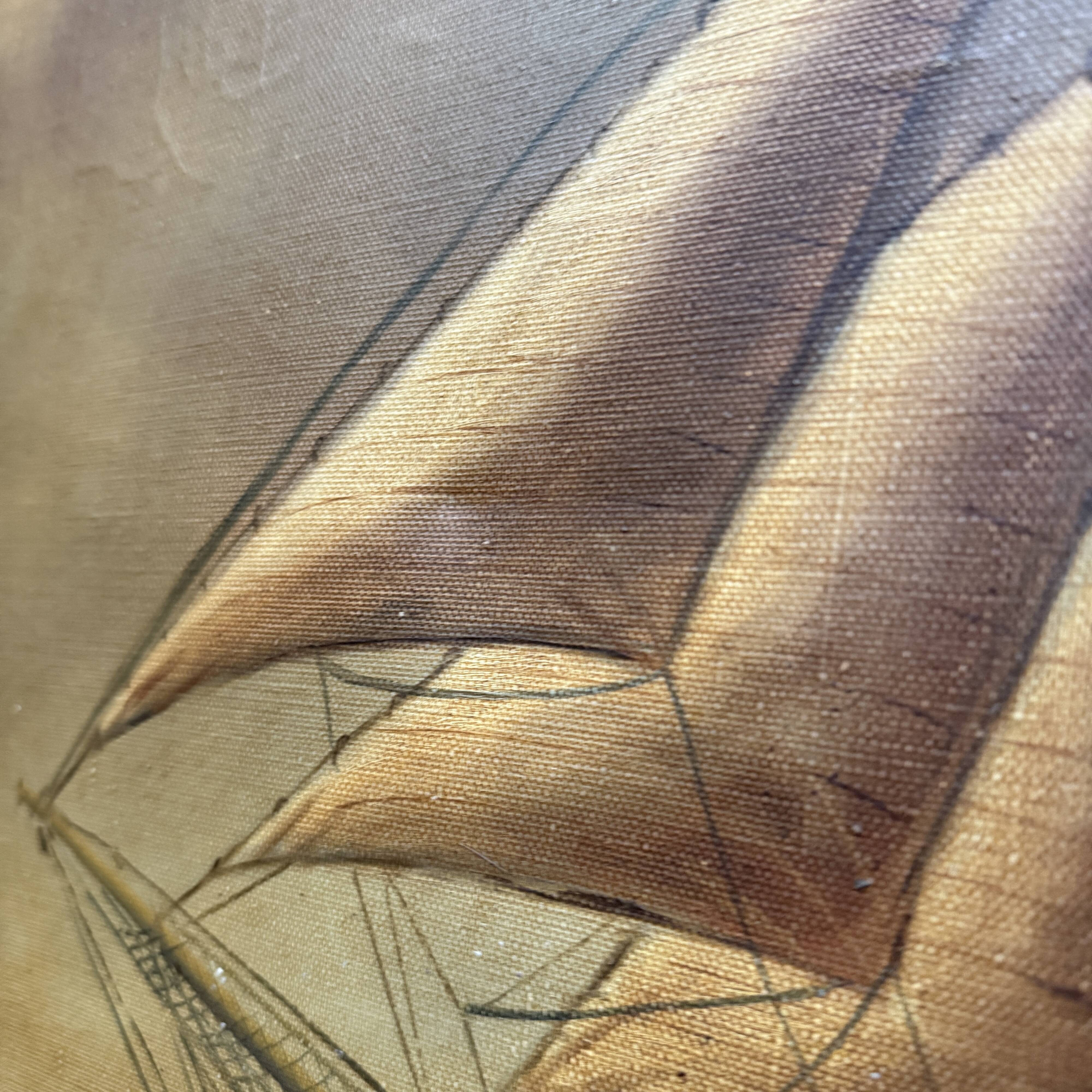 Large old oil painting of a ship