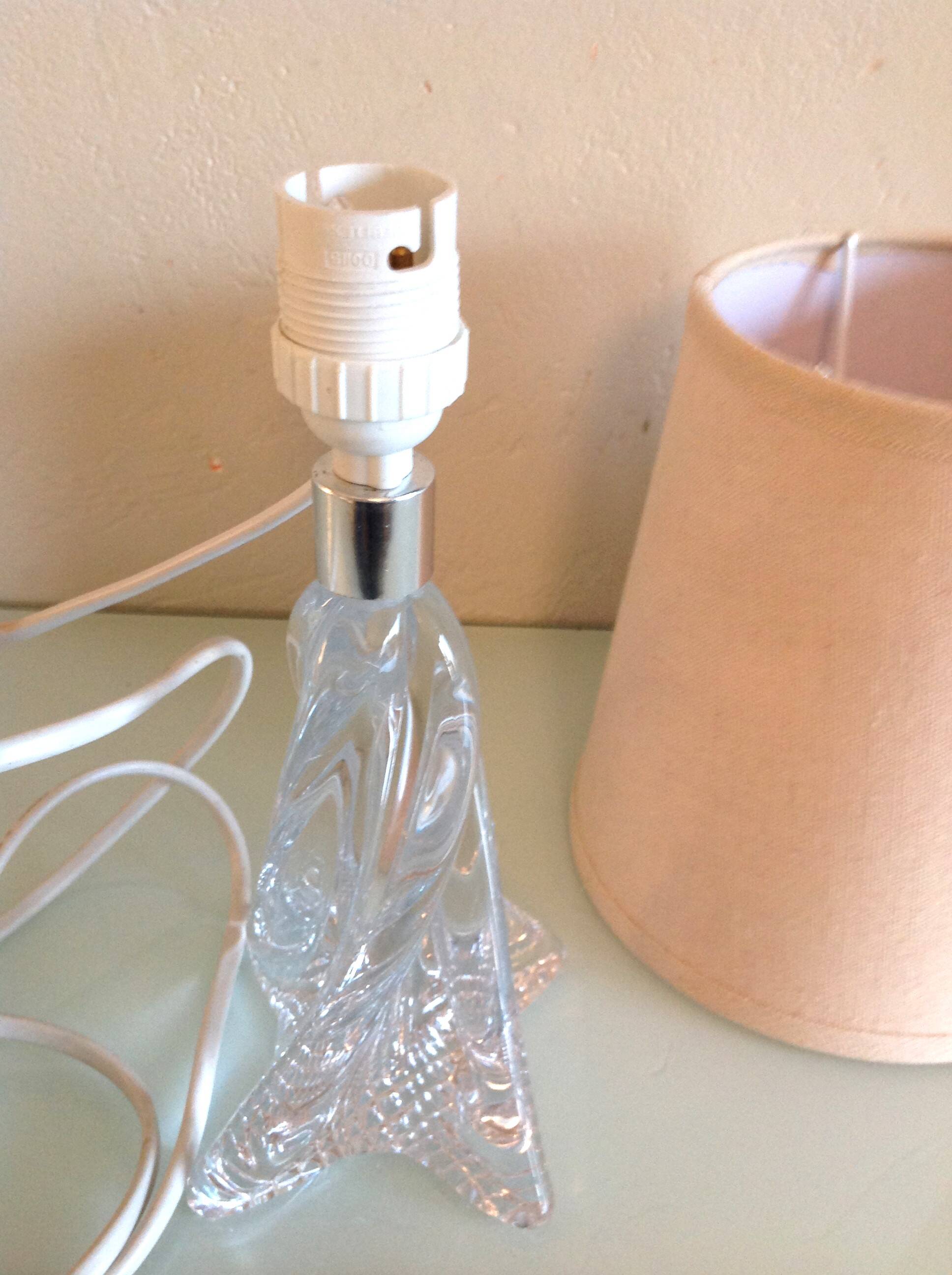 Bedside lamp with glass base and beige fabric lampshade / vintage 60s-70s