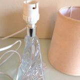 Bedside lamp with glass base and beige fabric lampshade / vintage 60s-70s