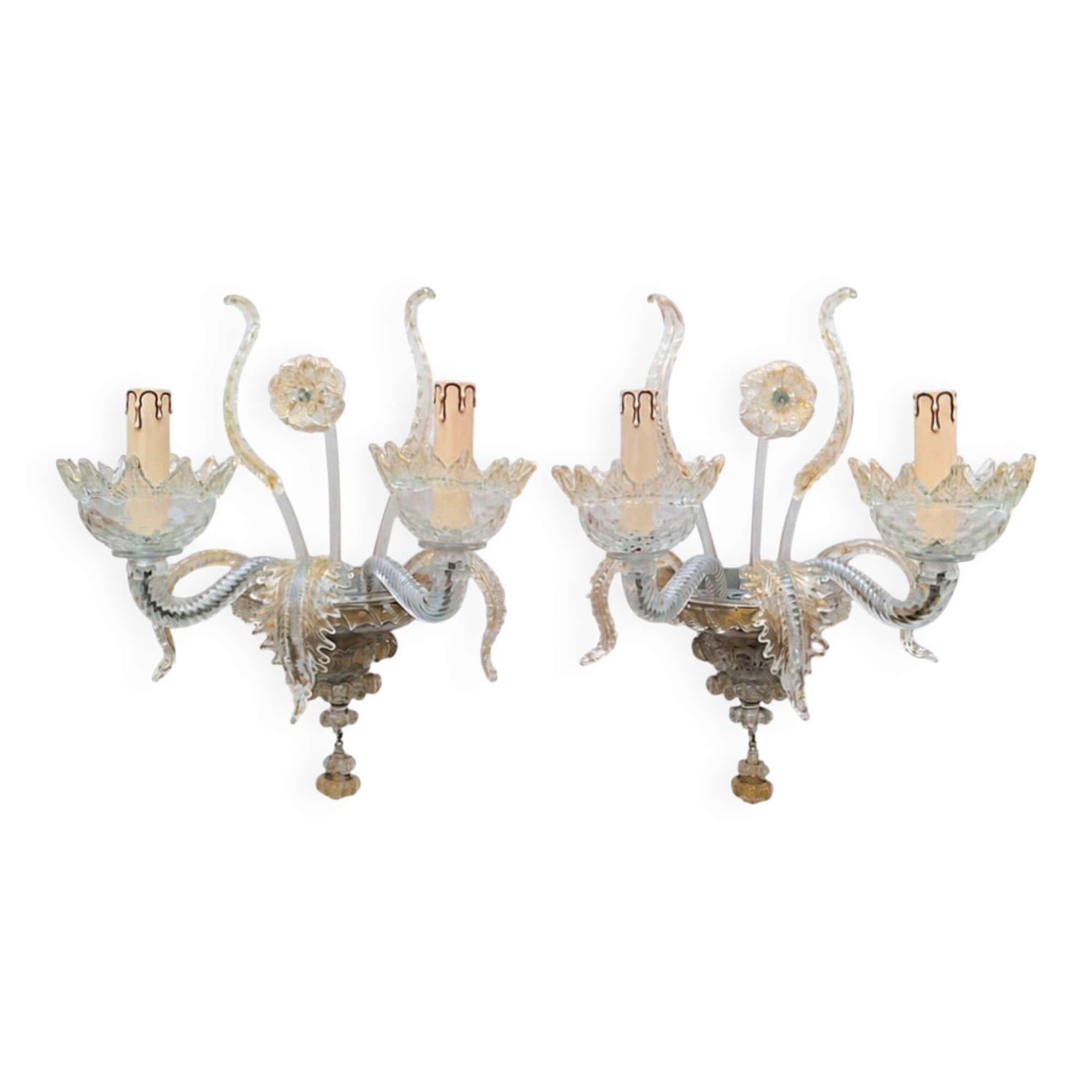 2 Murano glass wall sconces with gold leaves, vintage light fixtures.