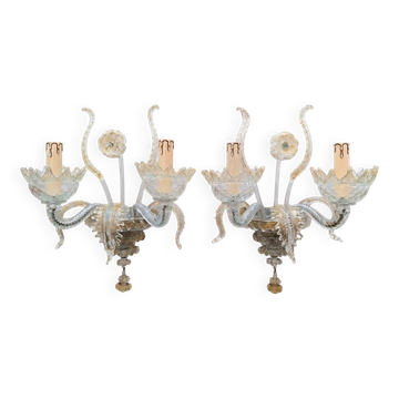 2 Murano glass wall sconces with gold leaves, vintage light fixtures.