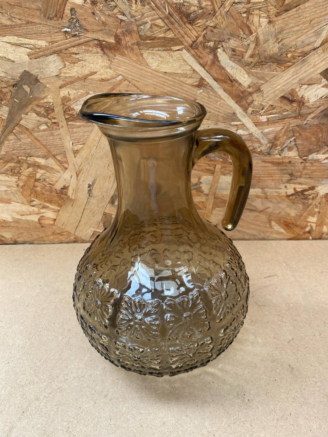 Antique Pitcher Carafe Molded Glass Smoked Grey Flower Decor Relief Vintage