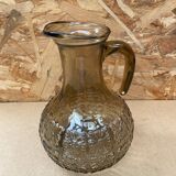 Antique Pitcher Carafe Molded Glass Smoked Grey Flower Decor Relief Vintage