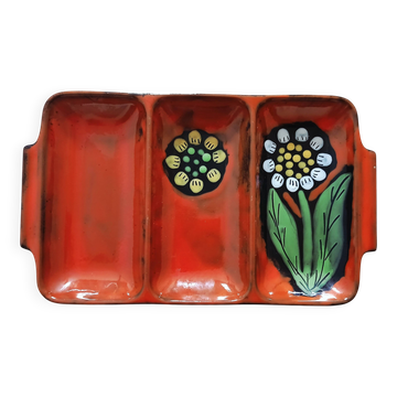 Vintage ceramic dish with 3 compartments and flower decor