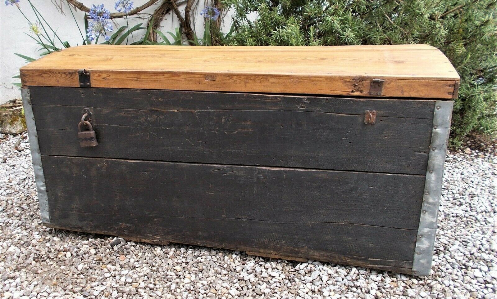 Antique wood trunk, large tool ches